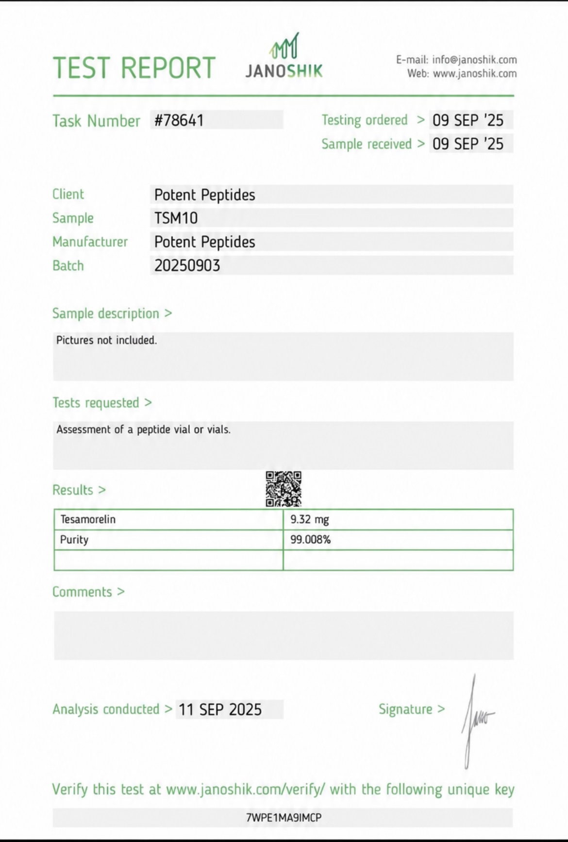 Janoshik test report for Tesamorelin