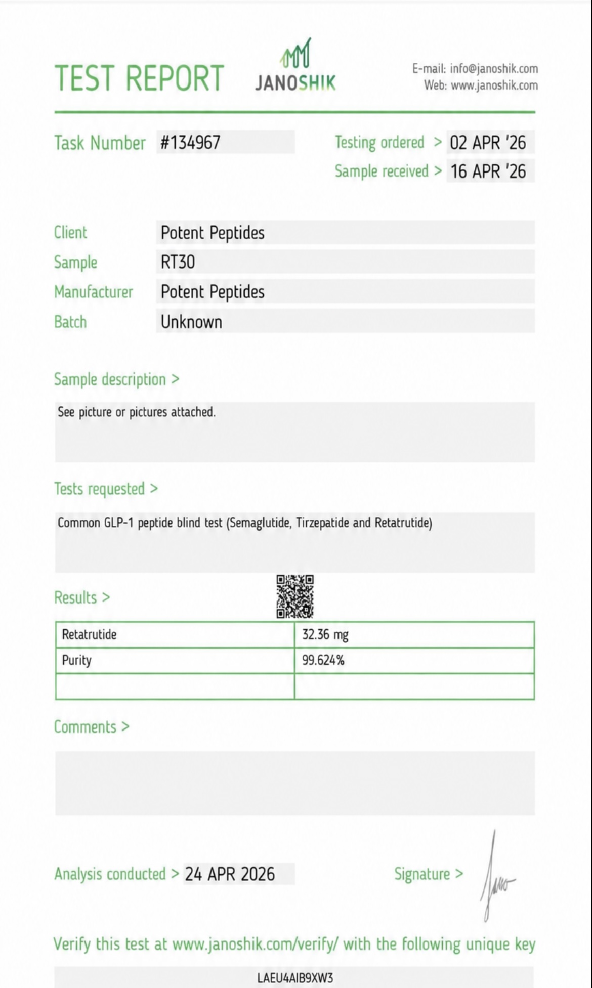 Janoshik test report for Retatrutide