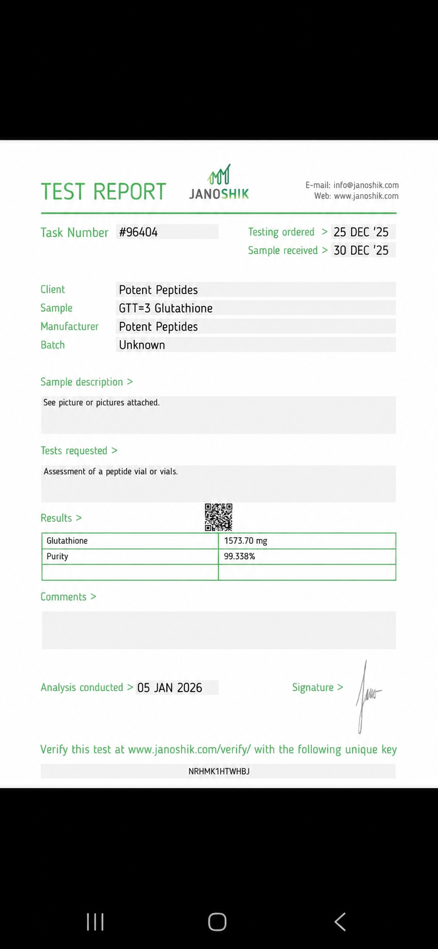 Janoshik test report for Glutathione
